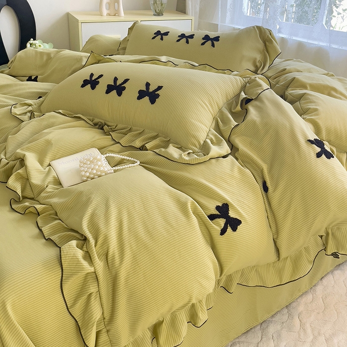 91家纺网 家纺一手货源 找家纺 （总）梦之岛 2024新款超柔泡泡棉皱皱纱蝴蝶结毛巾绣四件套