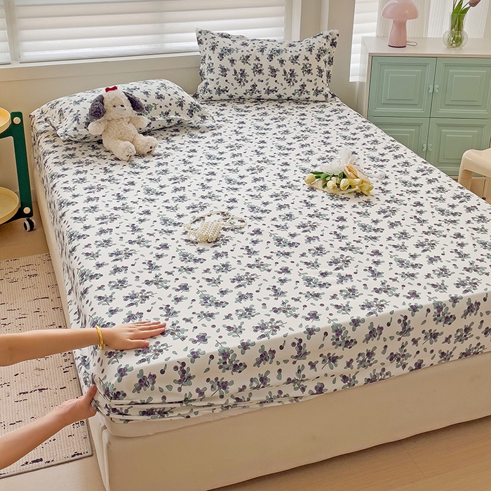 91家纺网 家纺一手货源 找家纺 楠沐家纺 2025新款亲肤印花芦荟棉水洗棉床笠系列 紫雅