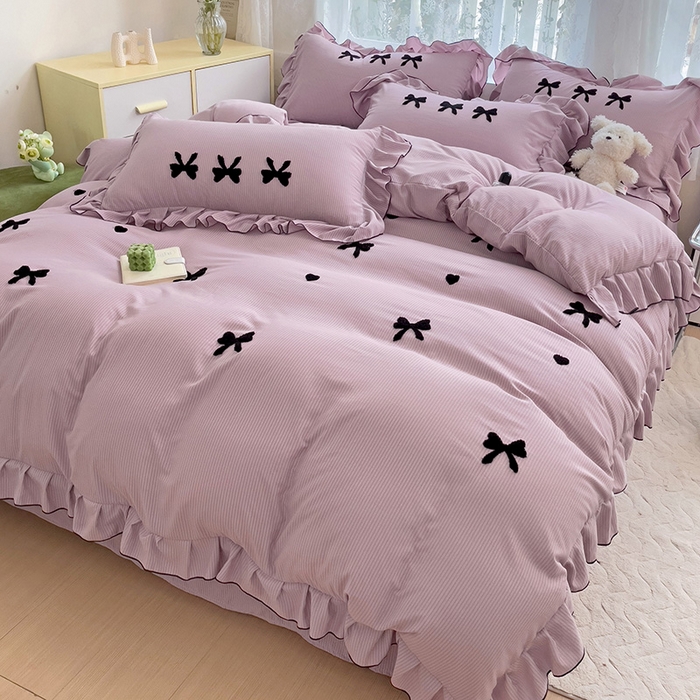 91家纺网 家纺一手货源 找家纺 梦之岛 2024新款超柔泡泡棉皱皱纱蝴蝶结毛巾绣四件套 蝴蝶结-紫