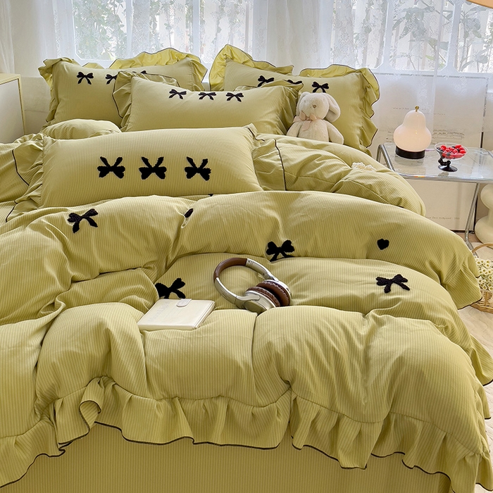 91家纺网 家纺一手货源 找家纺 （总）梦之岛 2024新款超柔泡泡棉皱皱纱蝴蝶结毛巾绣四件套