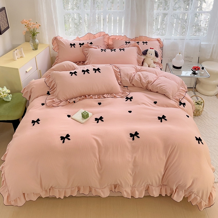 91家纺网 家纺一手货源 找家纺 梦之岛 2024新款超柔泡泡棉皱皱纱蝴蝶结毛巾绣四件套 蝴蝶结-玉