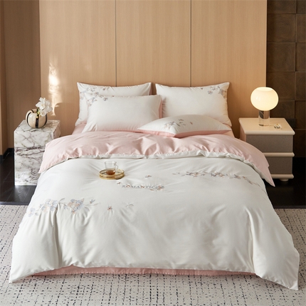 91家纺网 家纺一手货源 找家纺 鼎飞家纺 2024新款新疆长绒棉绣花四件套-晚芙 晚芙-茶花白