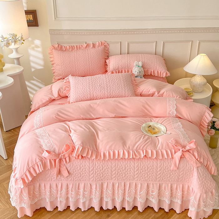 91家纺网 家纺一手货源 找家纺 唐人居 2025新款韩式花边蝴蝶结床盖四件套-优雅恋人 优雅恋人-浅粉