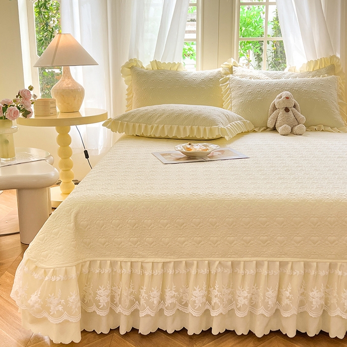 91家纺网 家纺一手货源 找家纺 唐人居 2025新款韩式花边蝴蝶结床盖四件套-浪漫满屋 浪漫满屋-奶白