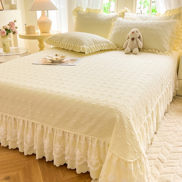 91家纺网 家纺一手货源 找家纺 唐人居 2025新款韩式花边蝴蝶结床盖四件套-浪漫满屋 浪漫满屋-奶白