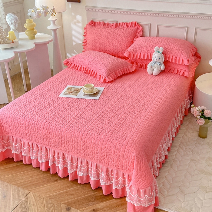 91家纺网 家纺一手货源 找家纺 唐人居 2025新款韩式花边蝴蝶结床盖四件套-优雅恋人 优雅恋人-红玉