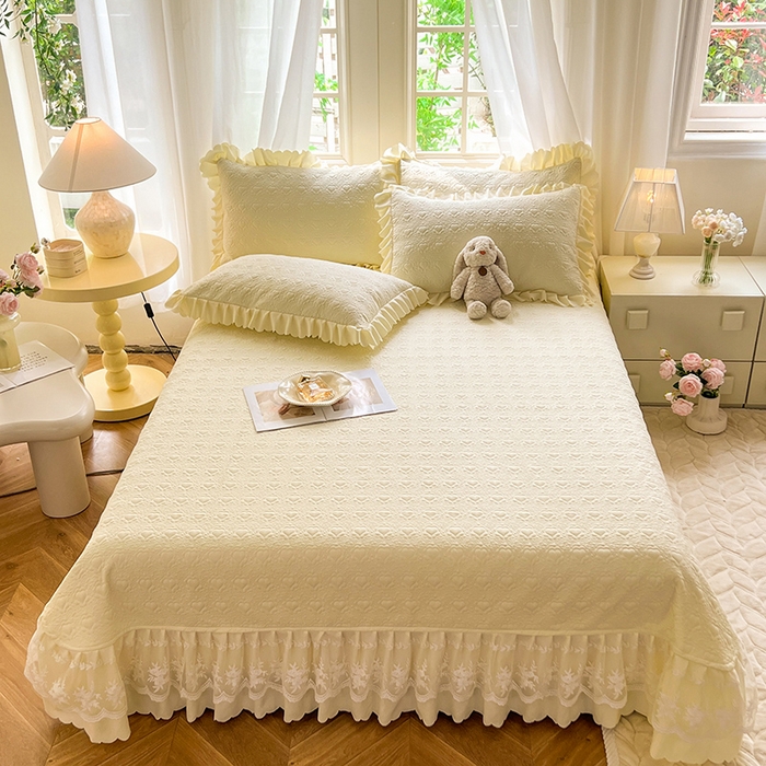 91家纺网 家纺一手货源 找家纺 唐人居 2025新款韩式花边蝴蝶结床盖四件套-浪漫满屋 浪漫满屋-奶白