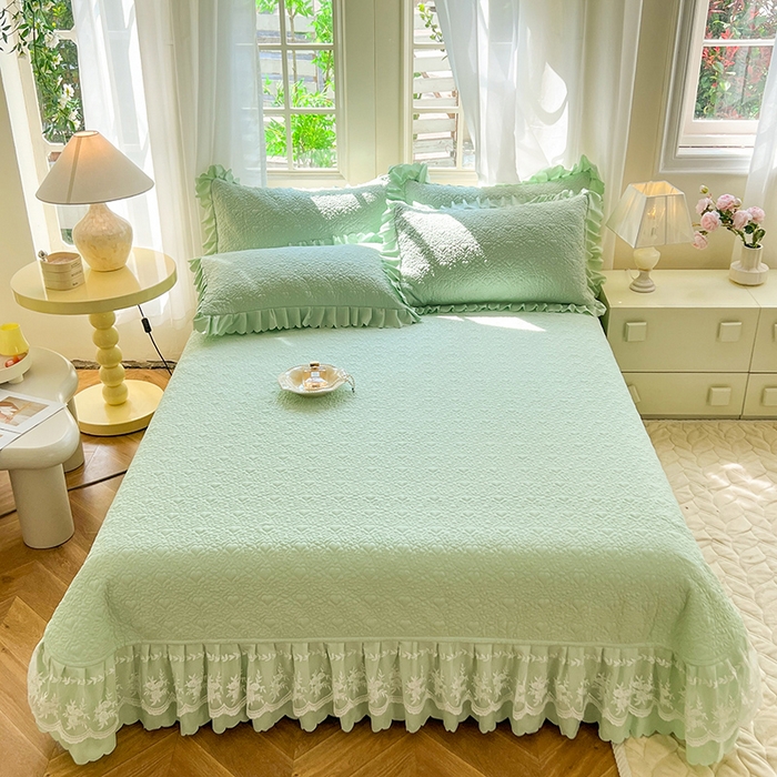91家纺网 家纺一手货源 找家纺 唐人居 2025新款韩式花边蝴蝶结床盖四件套-浪漫满屋 浪漫满屋-水绿