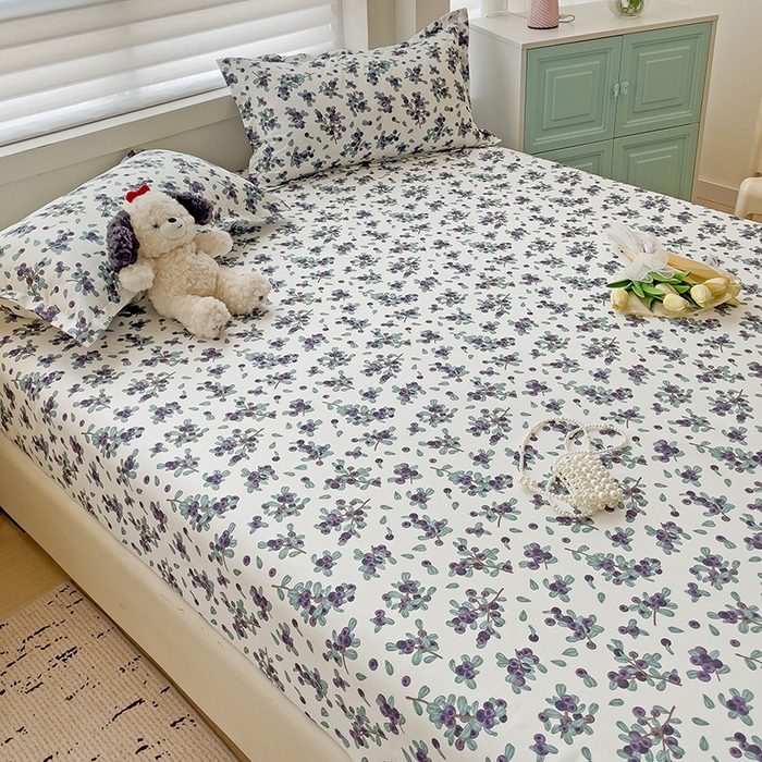 91家纺网 家纺一手货源 找家纺 楠沐家纺 2025新款亲肤印花芦荟棉水洗棉床笠系列 紫雅