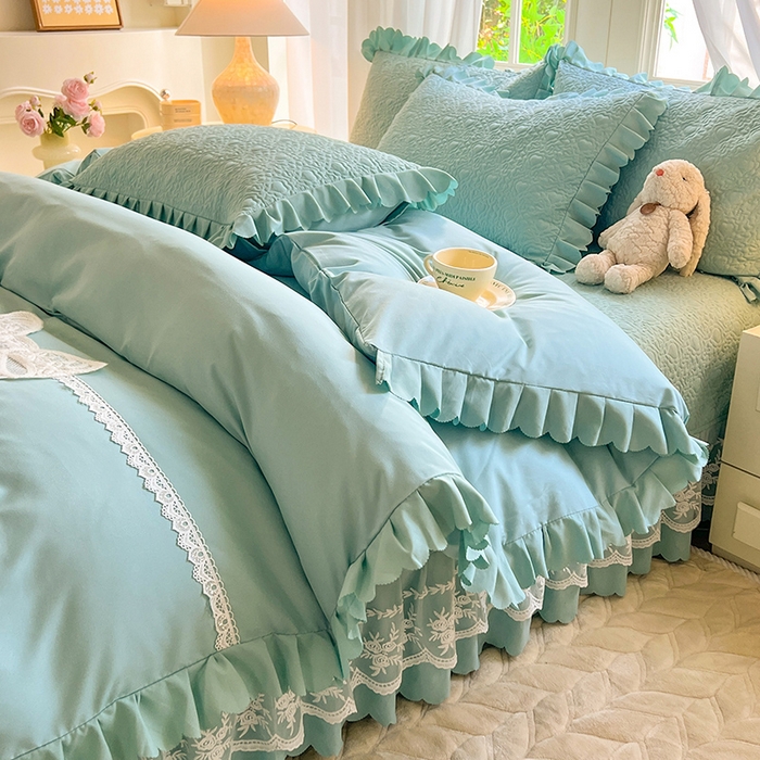 91家纺网 家纺一手货源 找家纺 唐人居 2025新款韩式花边蝴蝶结床盖四件套-浪漫满屋 浪漫满屋-水兰