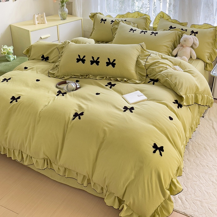 91家纺网 家纺一手货源 找家纺 梦之岛 2024新款超柔泡泡棉皱皱纱蝴蝶结毛巾绣四件套 蝴蝶结-绿