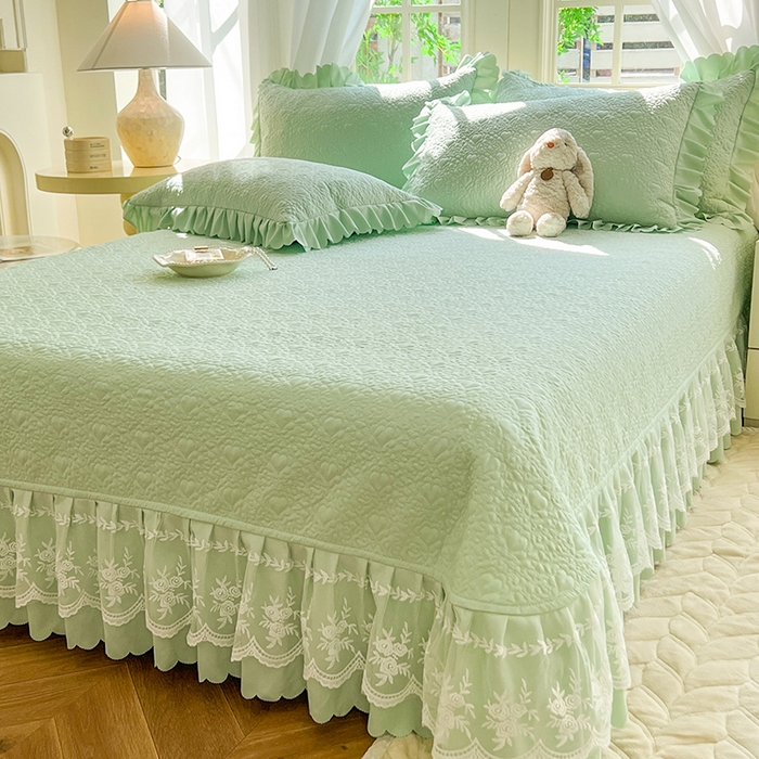 91家纺网 家纺一手货源 找家纺 唐人居 2025新款韩式花边蝴蝶结床盖四件套-浪漫满屋 浪漫满屋-水绿