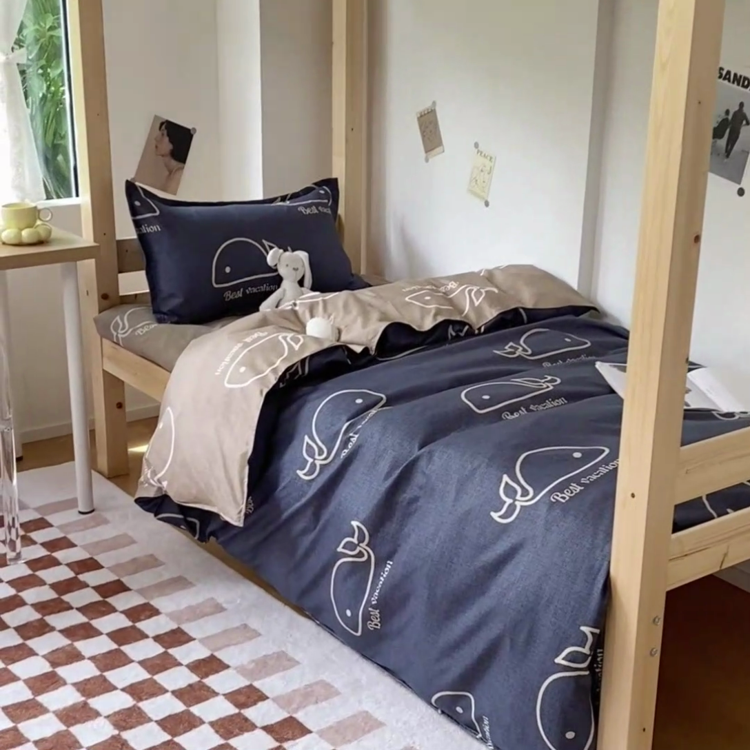 91家纺网 家纺一手货源 找家纺 雅蔓依 2025新款亲肤芦荟棉宿舍上下铺单人床学生三件套六件套 鲸鱼