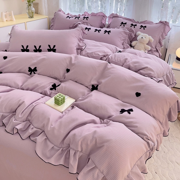 91家纺网 家纺一手货源 找家纺 梦之岛 2024新款超柔泡泡棉皱皱纱蝴蝶结毛巾绣四件套 蝴蝶结-紫