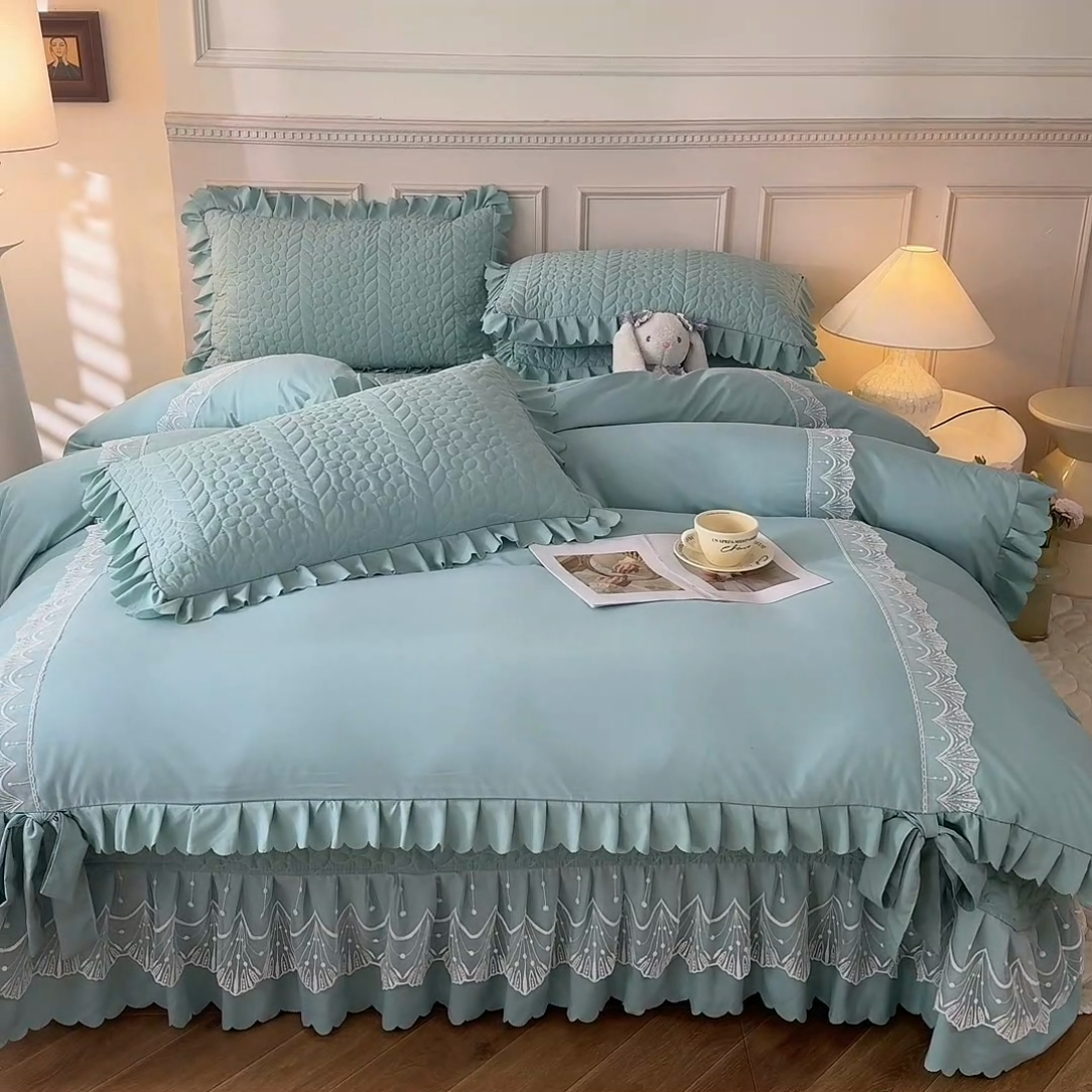 91家纺网 家纺一手货源 找家纺 唐人居 2025新款韩式花边蝴蝶结床盖四件套-优雅恋人 优雅恋人-水兰