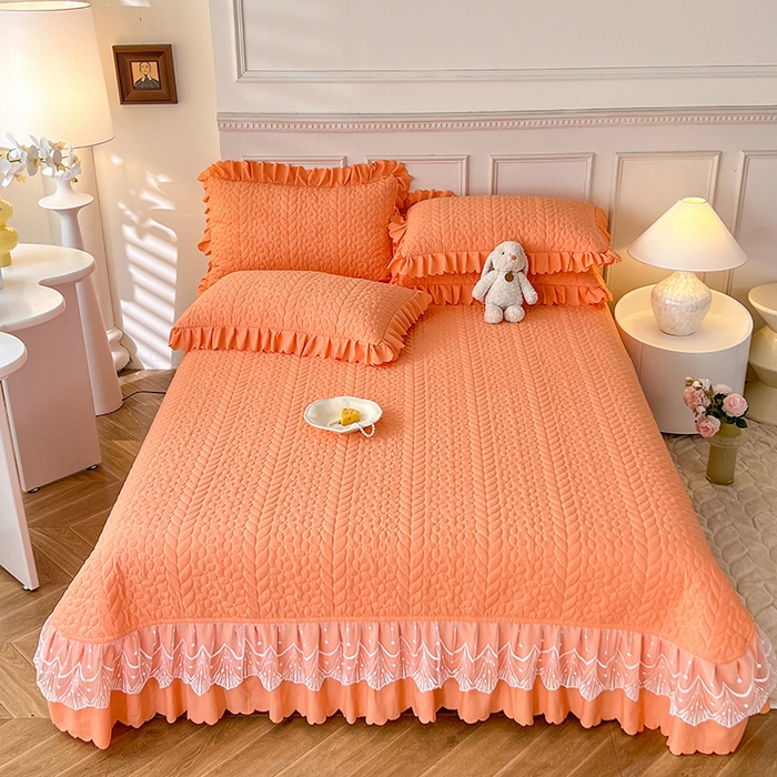 91家纺网 家纺一手货源 找家纺 唐人居 2025新款韩式花边蝴蝶结床盖四件套-优雅恋人 优雅恋人-橘橙