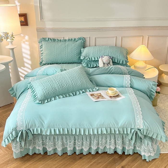 91家纺网 家纺一手货源 找家纺 唐人居 2025新款韩式花边蝴蝶结床盖四件套-优雅恋人 优雅恋人-水兰