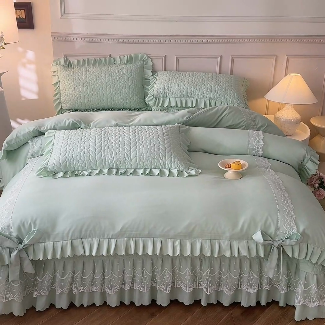 91家纺网 家纺一手货源 找家纺 唐人居 2025新款韩式花边蝴蝶结床盖四件套-优雅恋人 优雅恋人-水绿