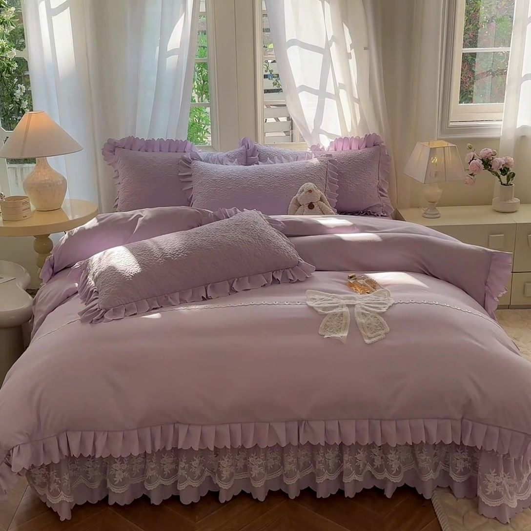 91家纺网 家纺一手货源 找家纺 唐人居 2025新款韩式花边蝴蝶结床盖四件套-浪漫满屋 浪漫满屋-浅紫