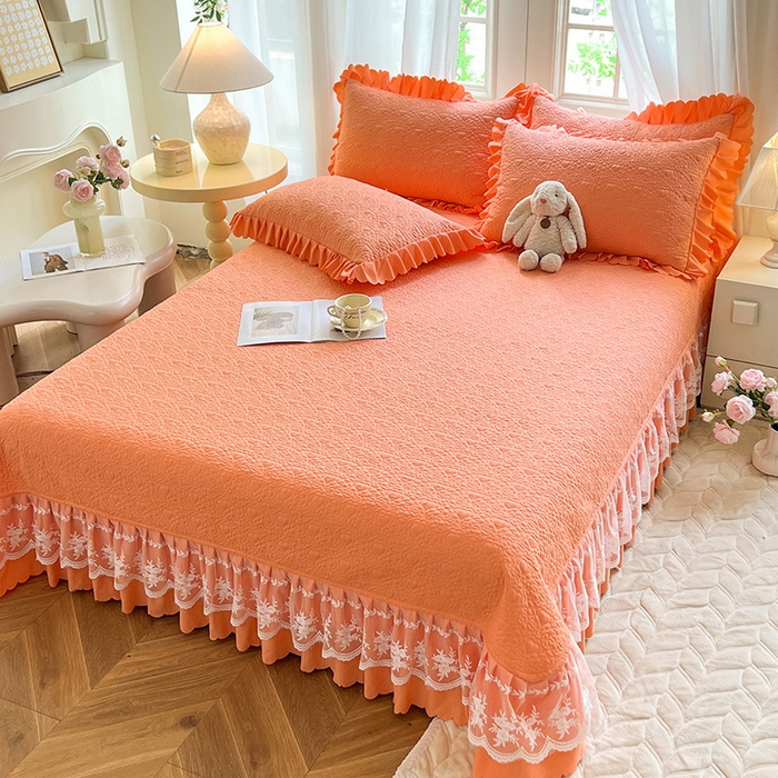 91家纺网 家纺一手货源 找家纺 唐人居 2025新款韩式花边蝴蝶结床盖四件套-浪漫满屋 浪漫满屋-橘橙