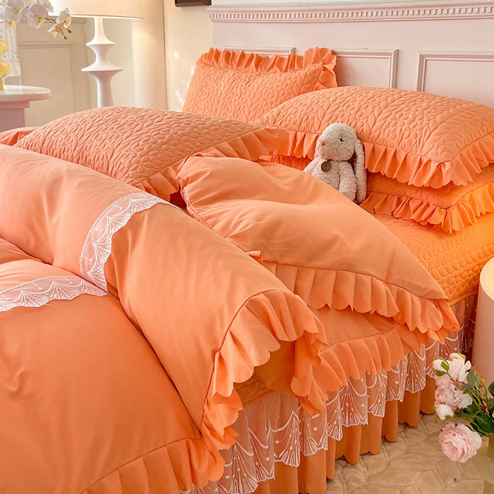 91家纺网 家纺一手货源 找家纺 唐人居 2025新款韩式花边蝴蝶结床盖四件套-优雅恋人 优雅恋人-橘橙