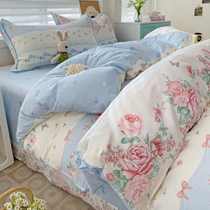 91家纺网 家纺一手货源 找家纺 （总）乐童家纺 2024新款直播爆款13070纯棉印花吊边款一字绣四件套第九波