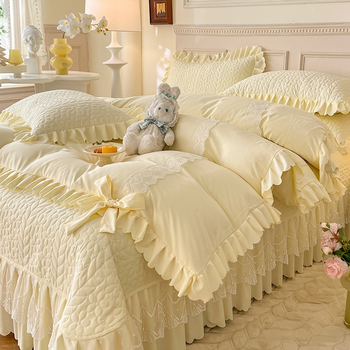 91家纺网 家纺一手货源 找家纺 唐人居 2025新款韩式花边蝴蝶结床盖四件套-优雅恋人 优雅恋人-奶白