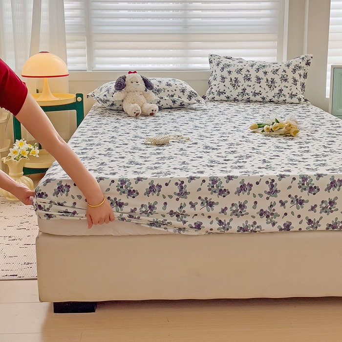 91家纺网 家纺一手货源 找家纺 楠沐家纺 2025新款亲肤印花芦荟棉水洗棉床笠系列 紫雅