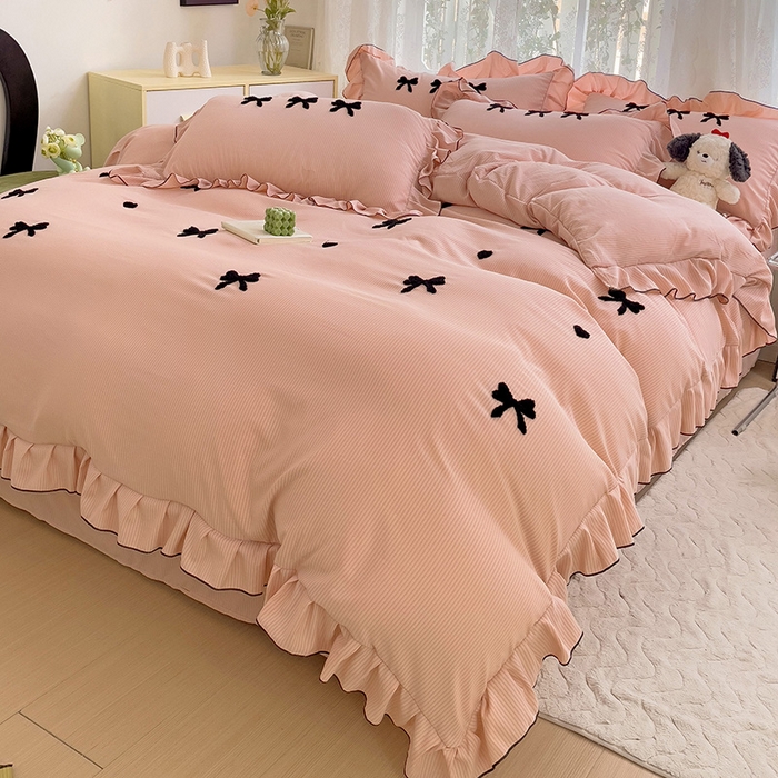 91家纺网 家纺一手货源 找家纺 梦之岛 2024新款超柔泡泡棉皱皱纱蝴蝶结毛巾绣四件套 蝴蝶结-玉