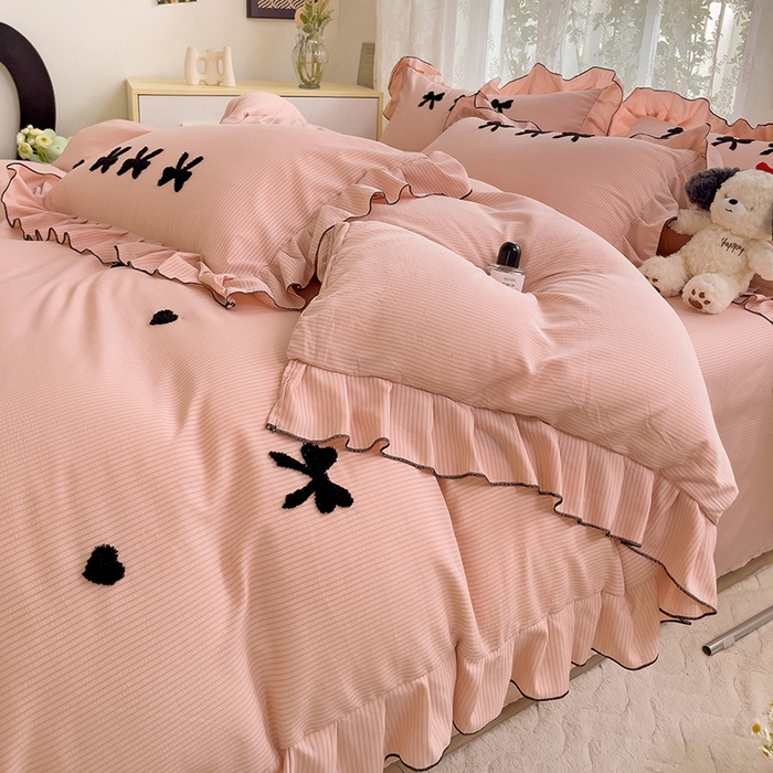 91家纺网 家纺一手货源 找家纺 梦之岛 2024新款超柔泡泡棉皱皱纱蝴蝶结毛巾绣四件套 蝴蝶结-玉