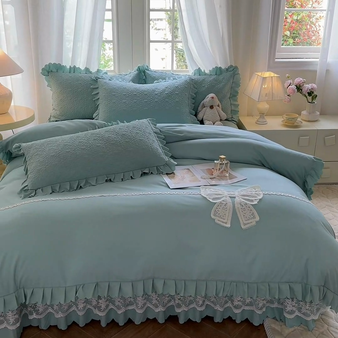 91家纺网 家纺一手货源 找家纺 唐人居 2025新款韩式花边蝴蝶结床盖四件套-浪漫满屋 浪漫满屋-水兰