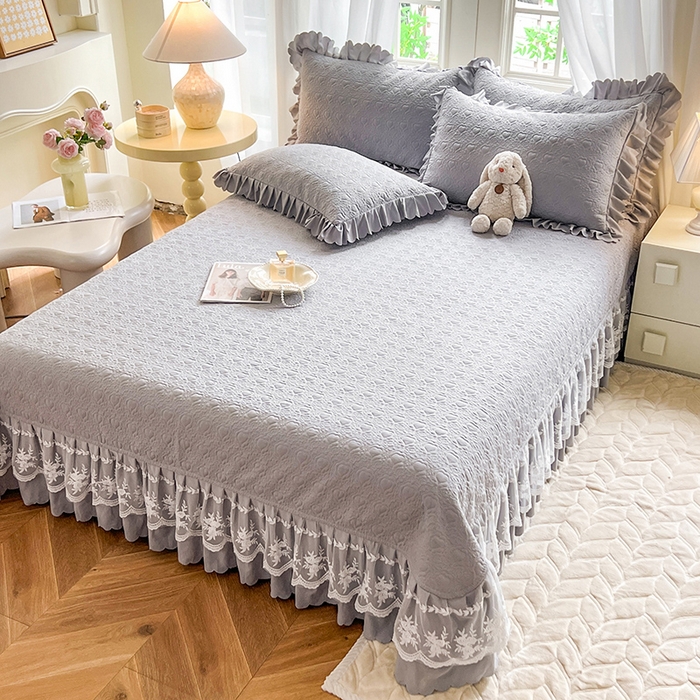 91家纺网 家纺一手货源 找家纺 唐人居 2025新款韩式花边蝴蝶结床盖四件套-浪漫满屋 浪漫满屋-浅灰