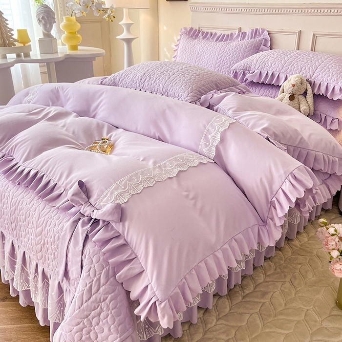 91家纺网 家纺一手货源 找家纺 唐人居 2025新款韩式花边蝴蝶结床盖四件套-优雅恋人 优雅恋人-浅紫