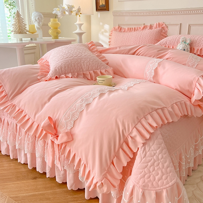 91家纺网 家纺一手货源 找家纺 唐人居 2025新款韩式花边蝴蝶结床盖四件套-优雅恋人 优雅恋人-浅粉