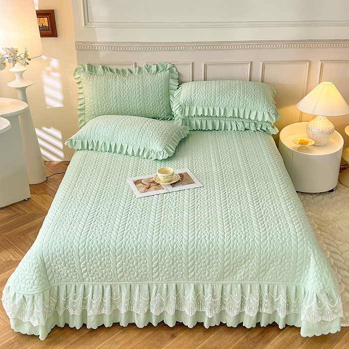 91家纺网 家纺一手货源 找家纺 唐人居 2025新款韩式花边蝴蝶结床盖四件套-优雅恋人 优雅恋人-水绿