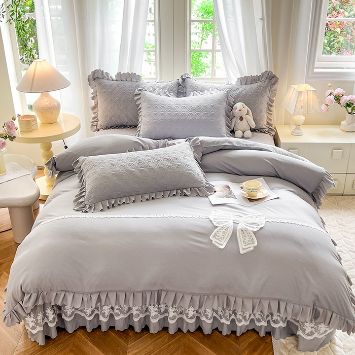 91家纺网 家纺一手货源 找家纺 唐人居 2025新款韩式花边蝴蝶结床盖四件套-浪漫满屋 浪漫满屋-浅灰