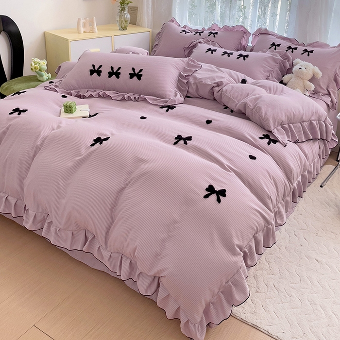 91家纺网 家纺一手货源 找家纺 梦之岛 2024新款超柔泡泡棉皱皱纱蝴蝶结毛巾绣四件套 蝴蝶结-紫