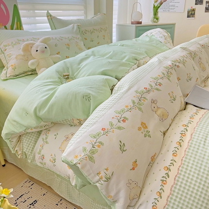 91家纺网 家纺一手货源 找家纺 （总）乐童家纺 2024新款直播爆款13070纯棉印花吊边款一字绣四件套第九波