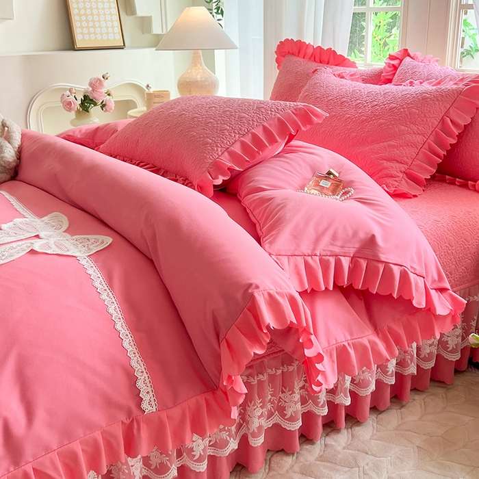 91家纺网 家纺一手货源 找家纺 唐人居 2025新款韩式花边蝴蝶结床盖四件套-浪漫满屋 浪漫满屋-红玉