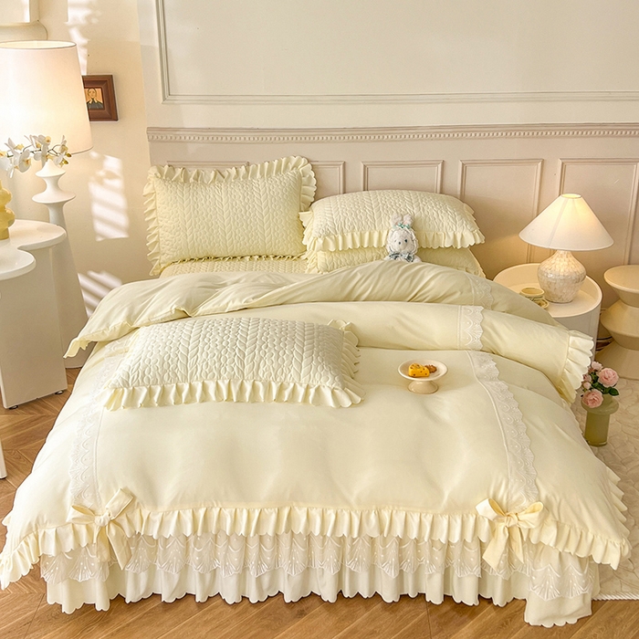 91家纺网 家纺一手货源 找家纺 唐人居 2025新款韩式花边蝴蝶结床盖四件套-优雅恋人 优雅恋人-奶白