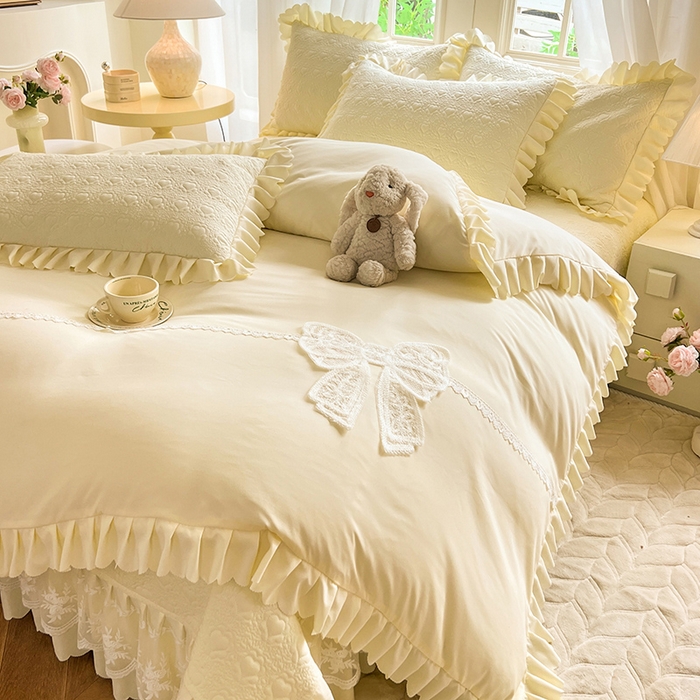 91家纺网 家纺一手货源 找家纺 唐人居 2025新款韩式花边蝴蝶结床盖四件套-浪漫满屋 浪漫满屋-奶白