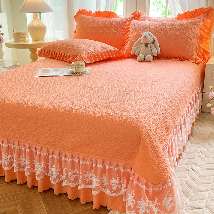 91家纺网 家纺一手货源 找家纺 唐人居 2025新款韩式花边蝴蝶结床盖四件套-浪漫满屋 浪漫满屋-橘橙