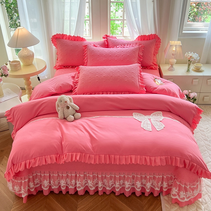 91家纺网 家纺一手货源 找家纺 唐人居 2025新款韩式花边蝴蝶结床盖四件套-浪漫满屋 浪漫满屋-红玉
