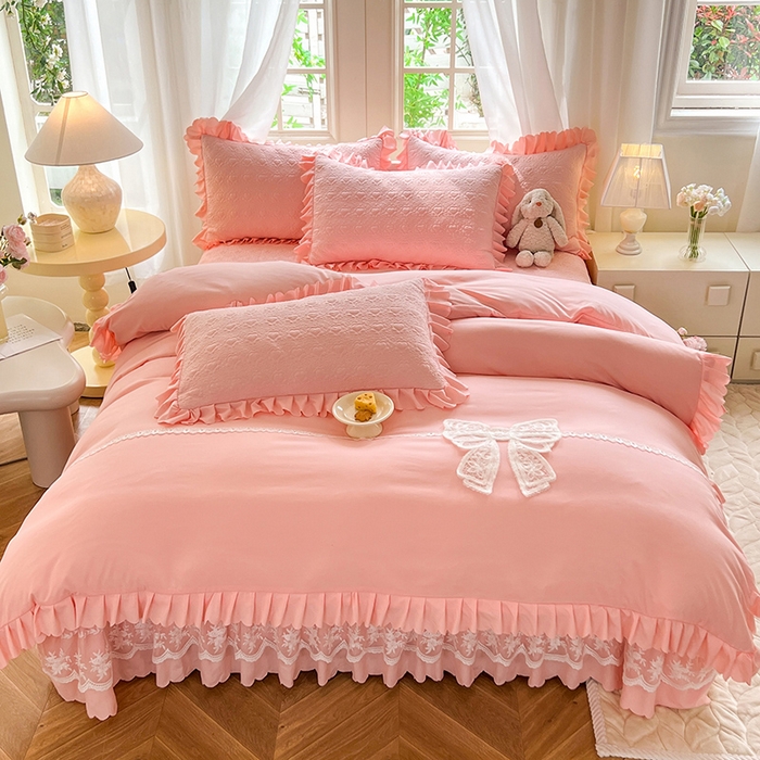 91家纺网 家纺一手货源 找家纺 唐人居 2025新款韩式花边蝴蝶结床盖四件套-浪漫满屋 浪漫满屋-浅粉