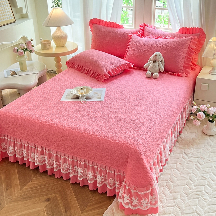 91家纺网 家纺一手货源 找家纺 唐人居 2025新款韩式花边蝴蝶结床盖四件套-浪漫满屋 浪漫满屋-红玉