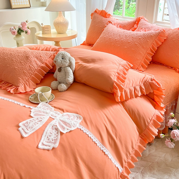 91家纺网 家纺一手货源 找家纺 唐人居 2025新款韩式花边蝴蝶结床盖四件套-浪漫满屋 浪漫满屋-橘橙