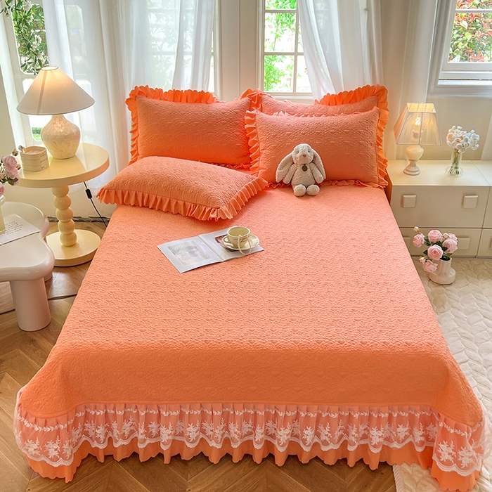 91家纺网 家纺一手货源 找家纺 唐人居 2025新款韩式花边蝴蝶结床盖四件套-浪漫满屋 浪漫满屋-橘橙