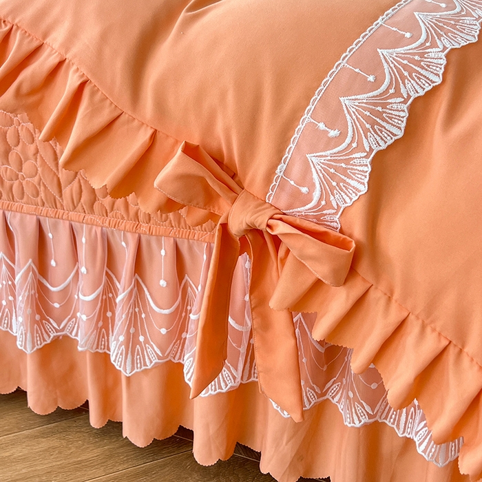 91家纺网 家纺一手货源 找家纺 唐人居 2025新款韩式花边蝴蝶结床盖四件套-优雅恋人 优雅恋人-橘橙