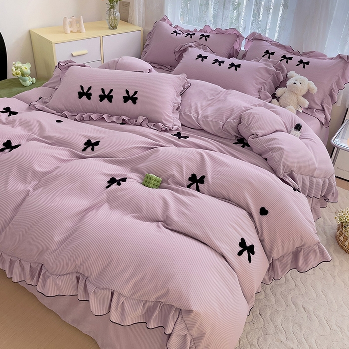 91家纺网 家纺一手货源 找家纺 梦之岛 2024新款超柔泡泡棉皱皱纱蝴蝶结毛巾绣四件套 蝴蝶结-紫