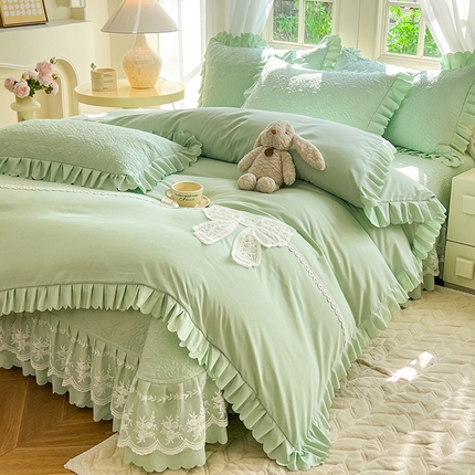 91家纺网 家纺一手货源 找家纺 唐人居 2025新款韩式花边蝴蝶结床盖四件套-浪漫满屋 浪漫满屋-水绿